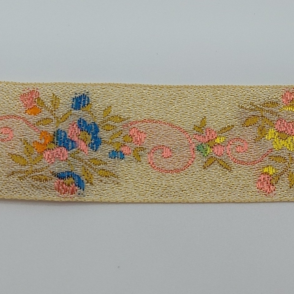 Vintage Japanese Jacquard Floral Ribbon Trim Ivory Gold Three (3) Yards - Picture 5 of 8